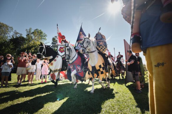 Ritter auf auf geschmückten Pferden beim Ritterfest im Schlosspark Laxenburg.